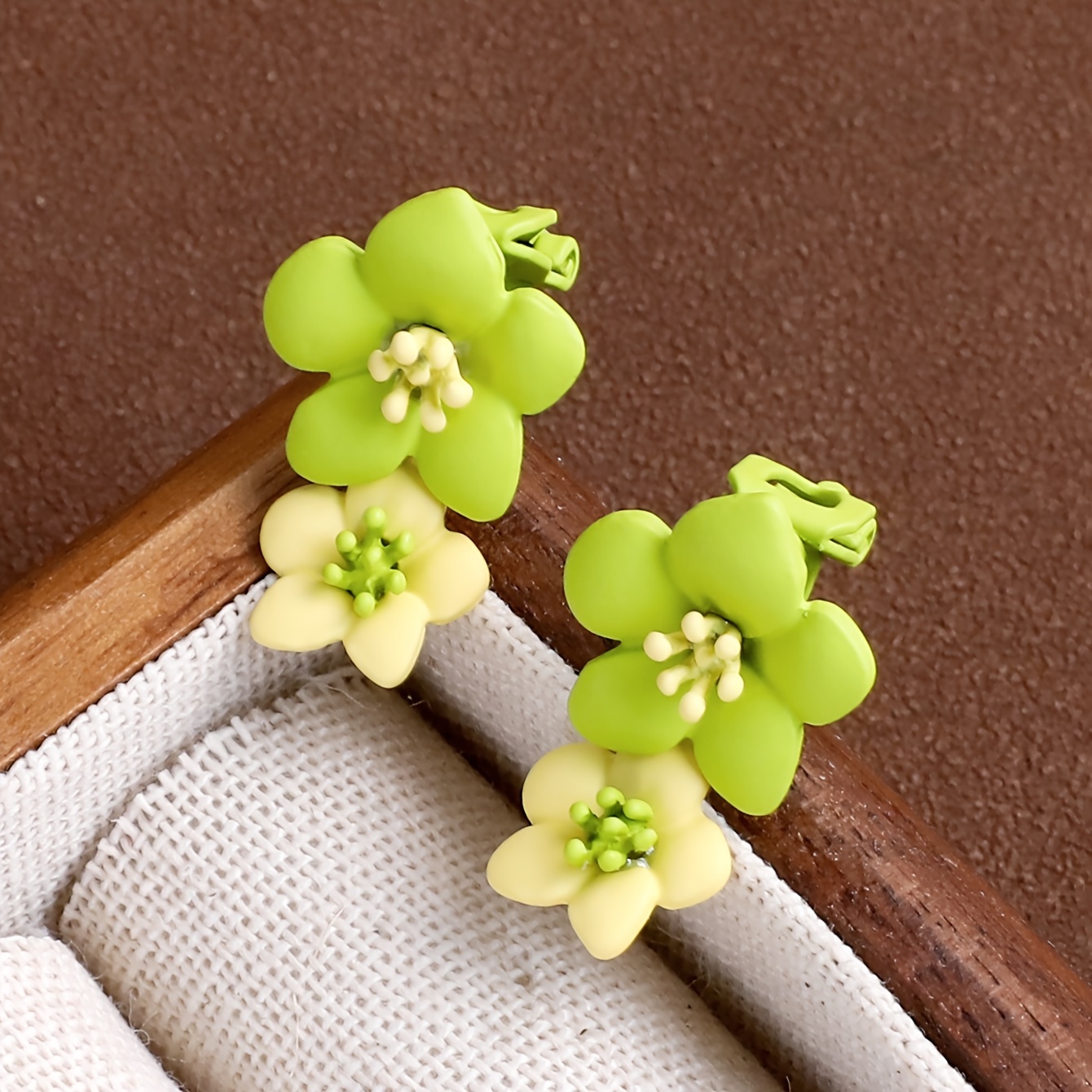 Floral Clip On Earrings Yellow & Green Flower Studs for Non Pierced Ears
